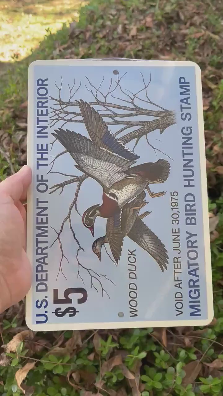 1975 Wood Duck Stamp Sign – Vintage Migratory Bird Hunting Art – 8x12 Metal Wall Decor for Hunting Lodge, Cabin, or Man Cave 12x18