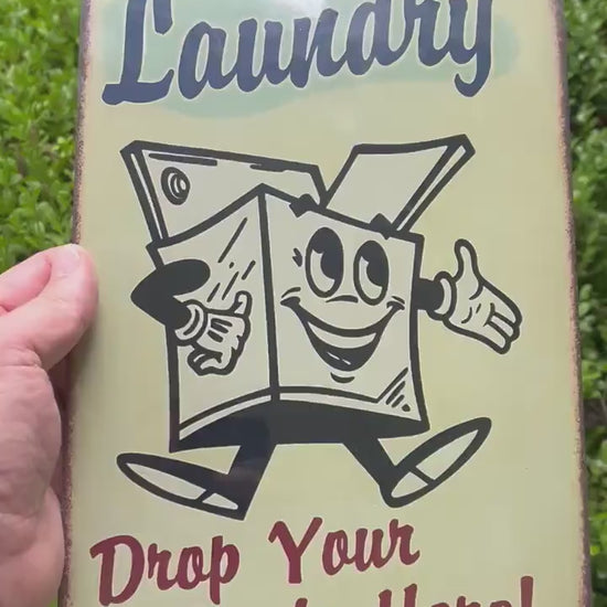 Funny Laundry Room Sign – 8x12 Retro Metal Sign “Drop Your Pants Here” – Vintage Tin Wall Decor for Laundry Area, Utility Room Humor