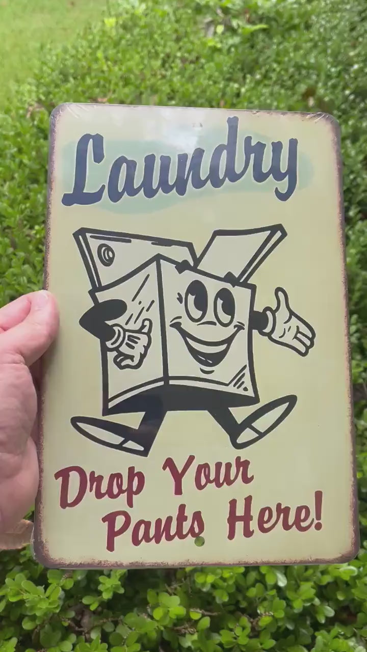 Funny Laundry Room Sign – 8x12 Retro Metal Sign “Drop Your Pants Here” – Vintage Tin Wall Decor for Laundry Area, Utility Room Humor